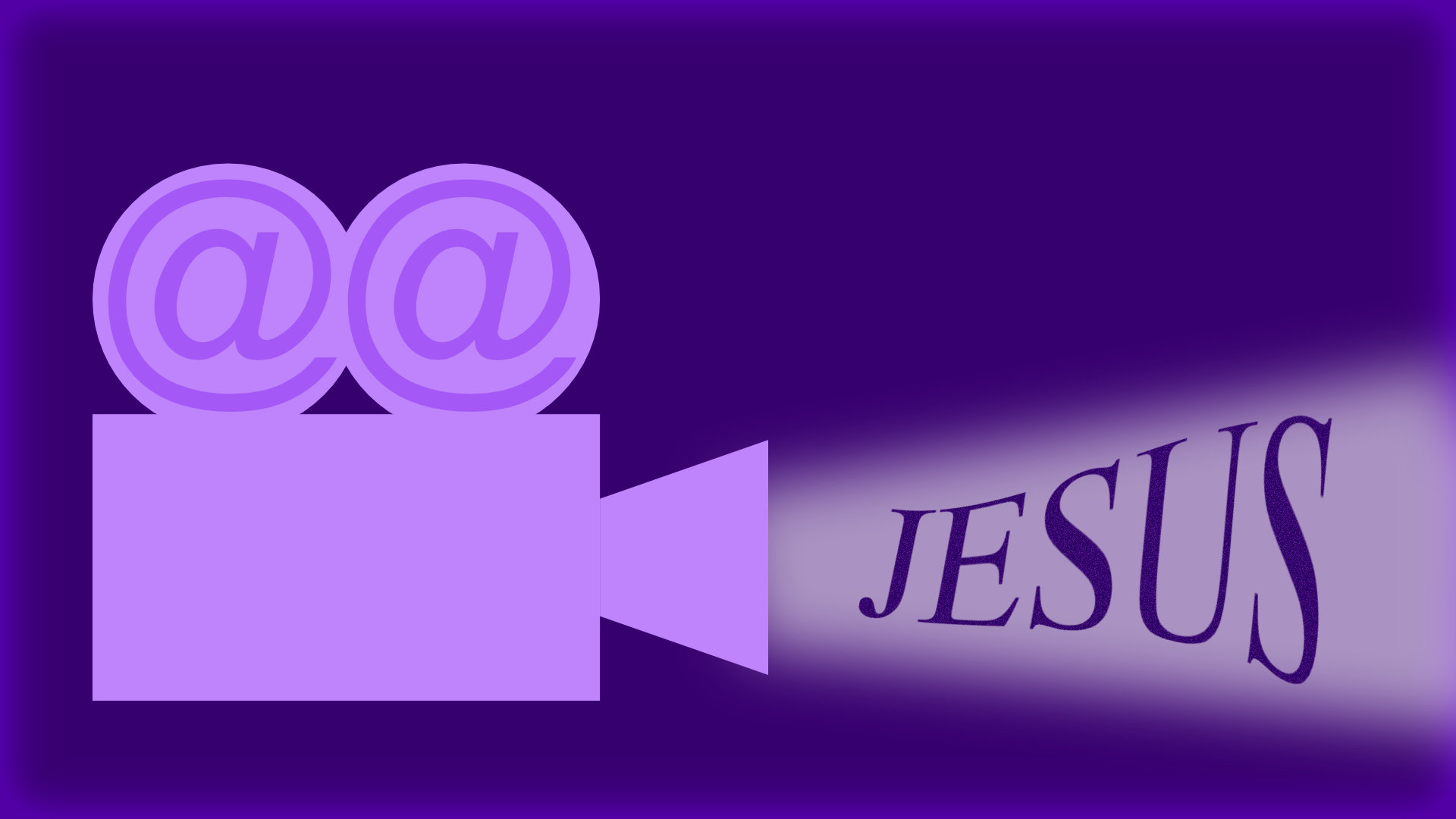 A purple coloured graphical image of a movie projector, with a beam of light showing the name 'Jesus'.
